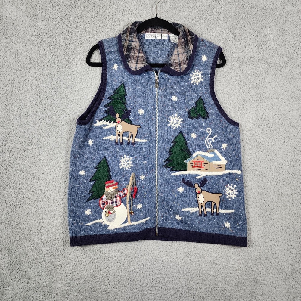 VTG OHI Embroidered Knit Sweater Vest Womens L Blue Winter Scenes Angora Blend